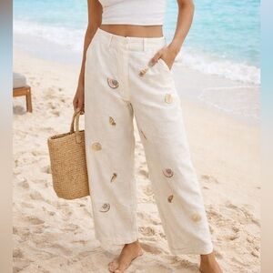 %100 Linen Embroidered Shell Wide-Leg Beach Pants - Cream Vintage